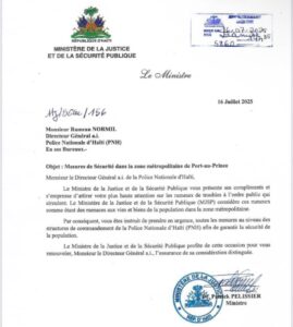 Le MJSP alerte la PNH sur des menaces dans la zone métropolitaine de Port-au-Prince