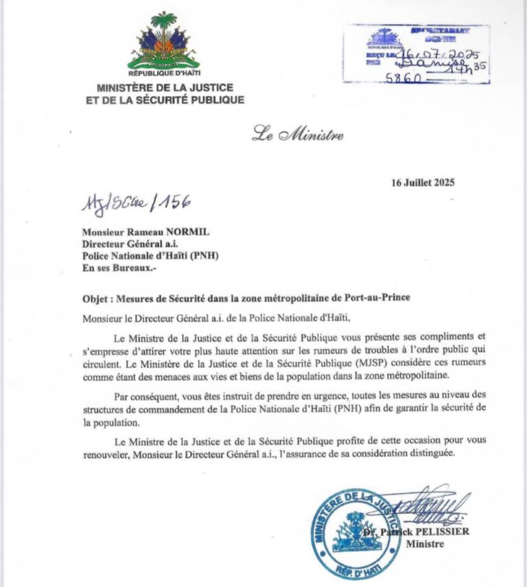 Le MJSP alerte la PNH sur des menaces dans la zone métropolitaine de Port-au-Prince