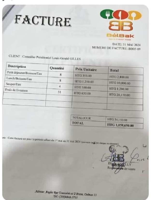 Scandale présidentiel : plus d’un million de gourdes dépensées en nourriture par un conseiller présidentiel en un mois !